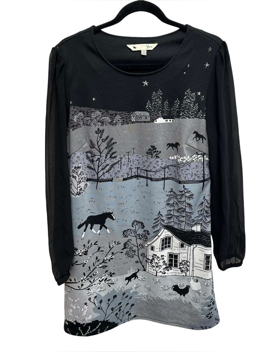 Yumi Anthropologie farm print dress horse chickens long sleeve 8/10 kitschy